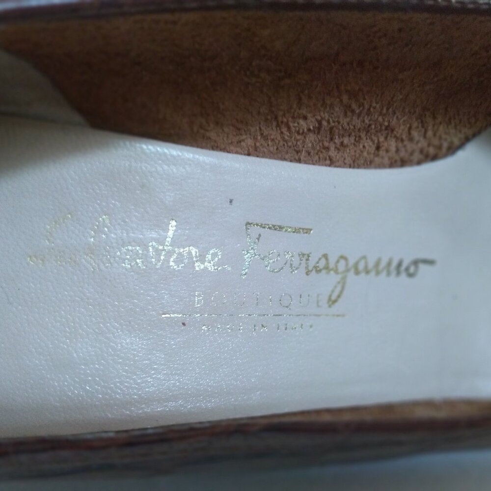 Salvatore Ferragamo Cognac Embossed Leather Wedges - Picture 5 of 7